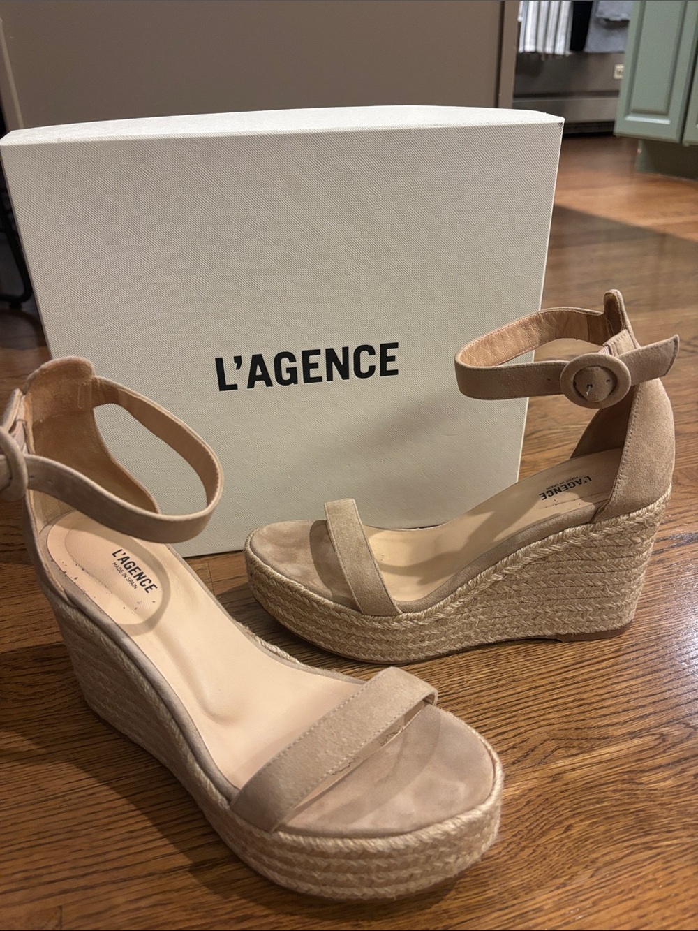 L'AGENCE Beige Suede Espadrille Wedge Sandals with Ankle Strap